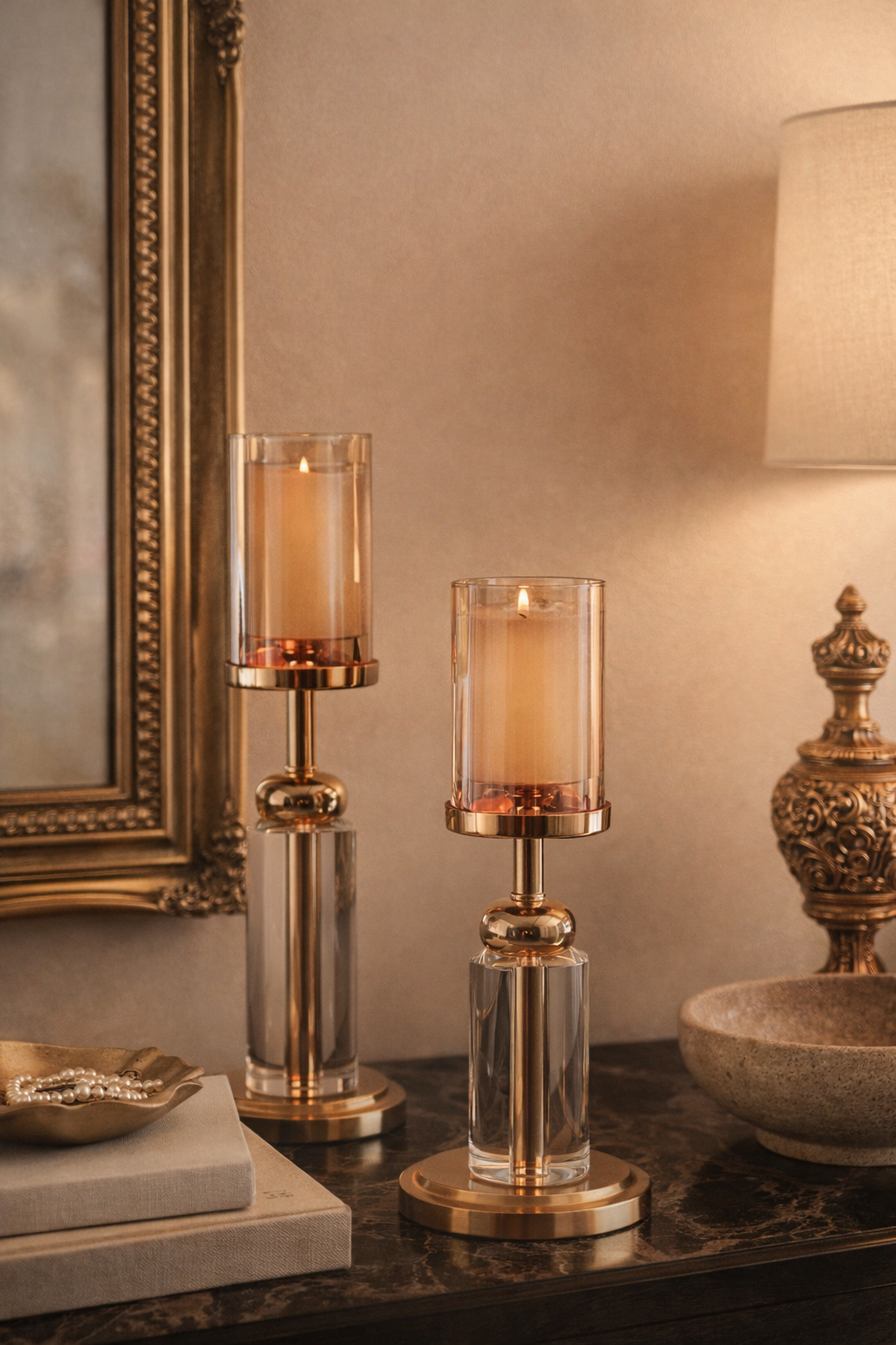 Decorative candle holders on a table with a mirror and lamp in the background