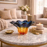 Large sculptural glass bowl with amber and blue gradient finish, modern luxury decorative centerpiece for contemporary home décor.