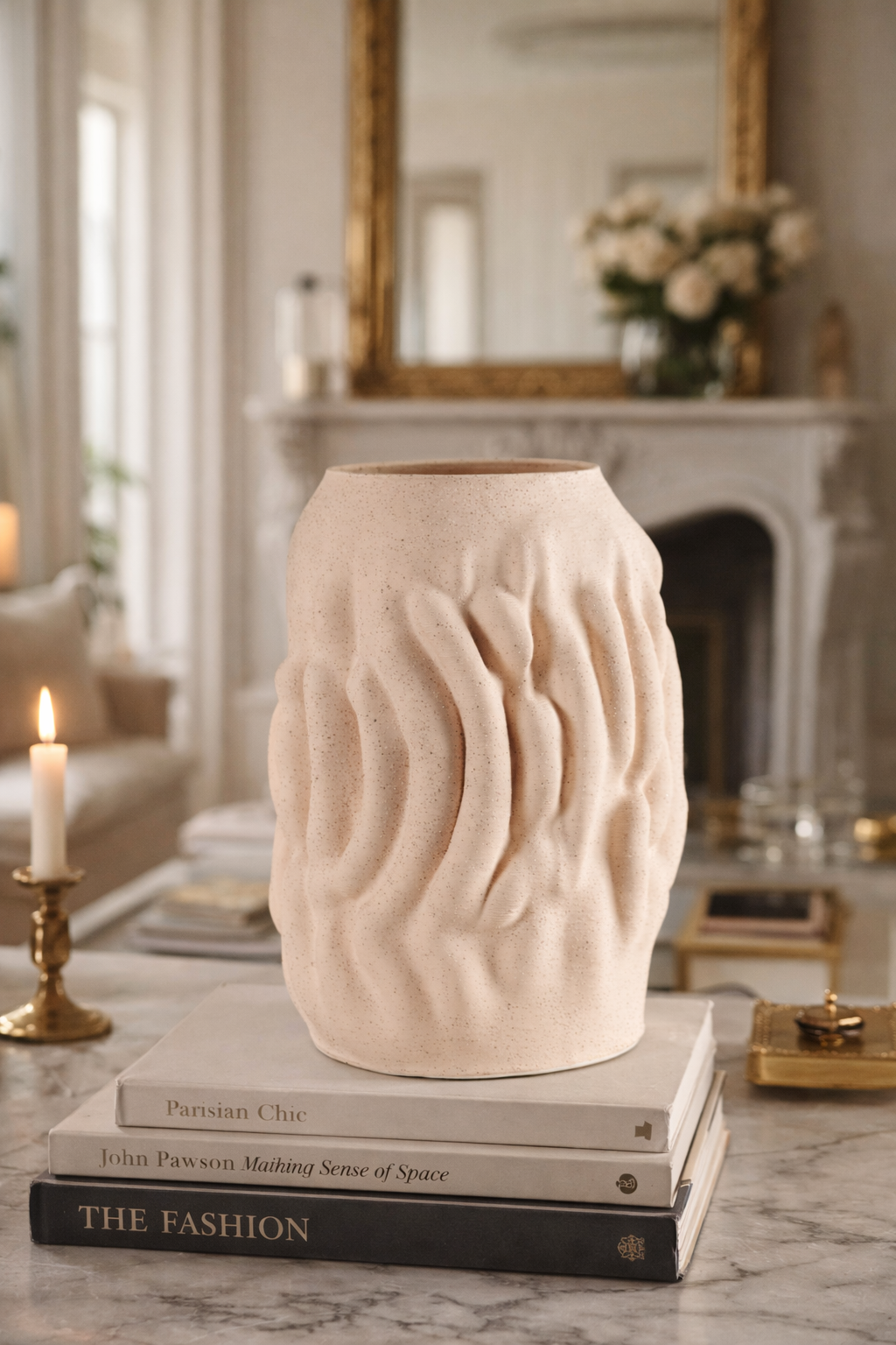 Textured ripple ceramic vase in matte ivory finish, sculptural decorative vase for modern minimalist home décor.