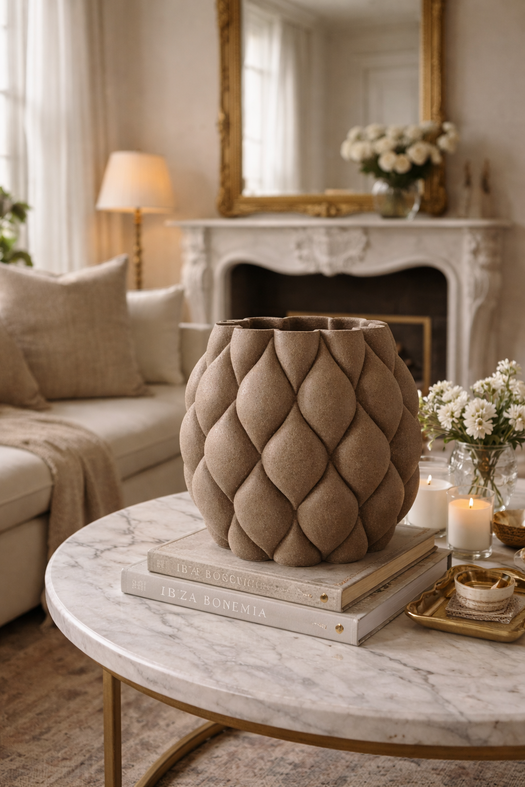 Decorative vase on a marble table in a living room with a fireplace and mirror.