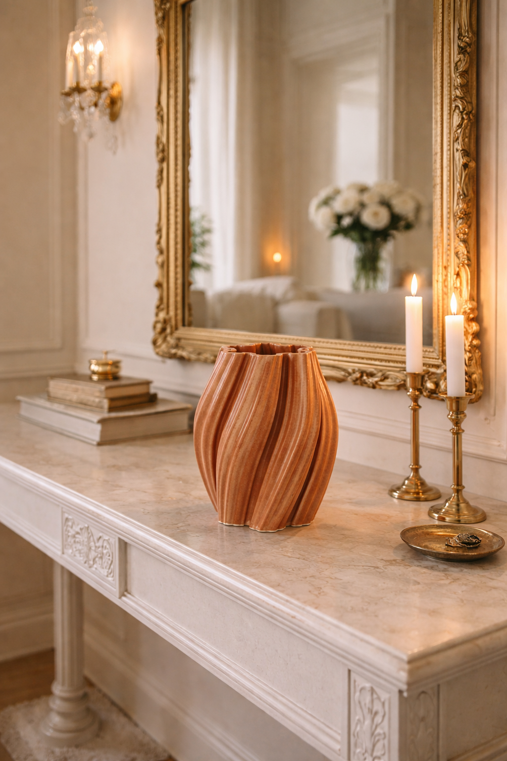 vase on a marble surface with a large mirror reflecting a candlelit room.