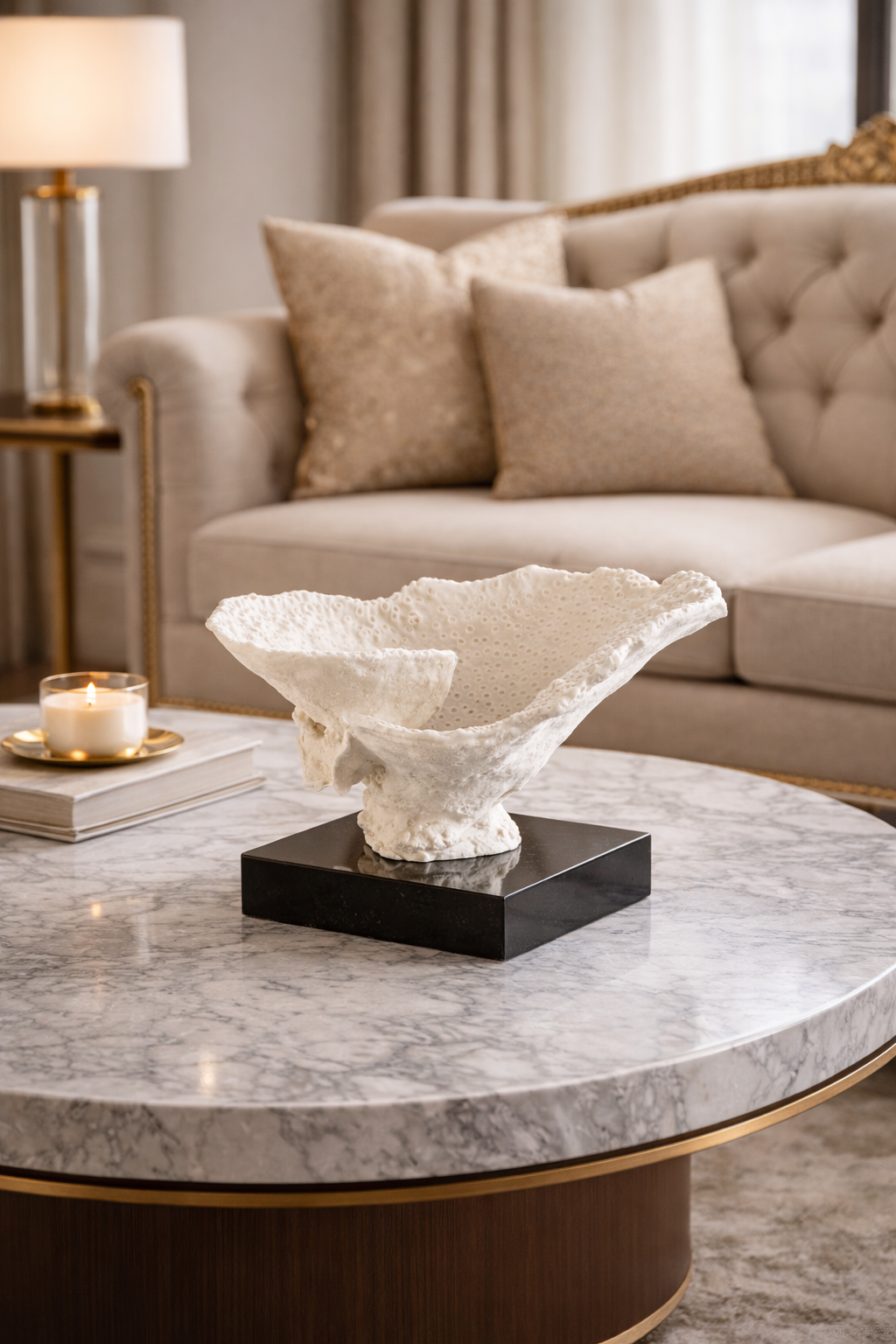 Decorative bowl on a marble coffee table with a living room background