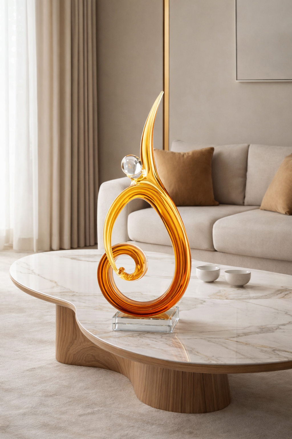Decorative sculpture on a coffee table in a living room setting