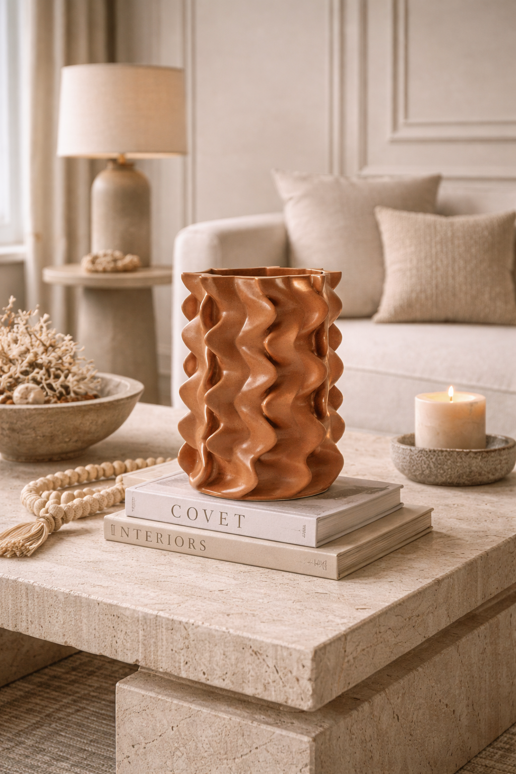 Decorative wavy-patterned vase on books with a candle and lamp in a cozy living room.