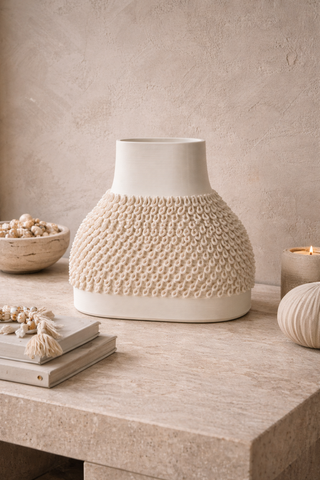 Decorative ceramic vase with textured design on a wooden surface.