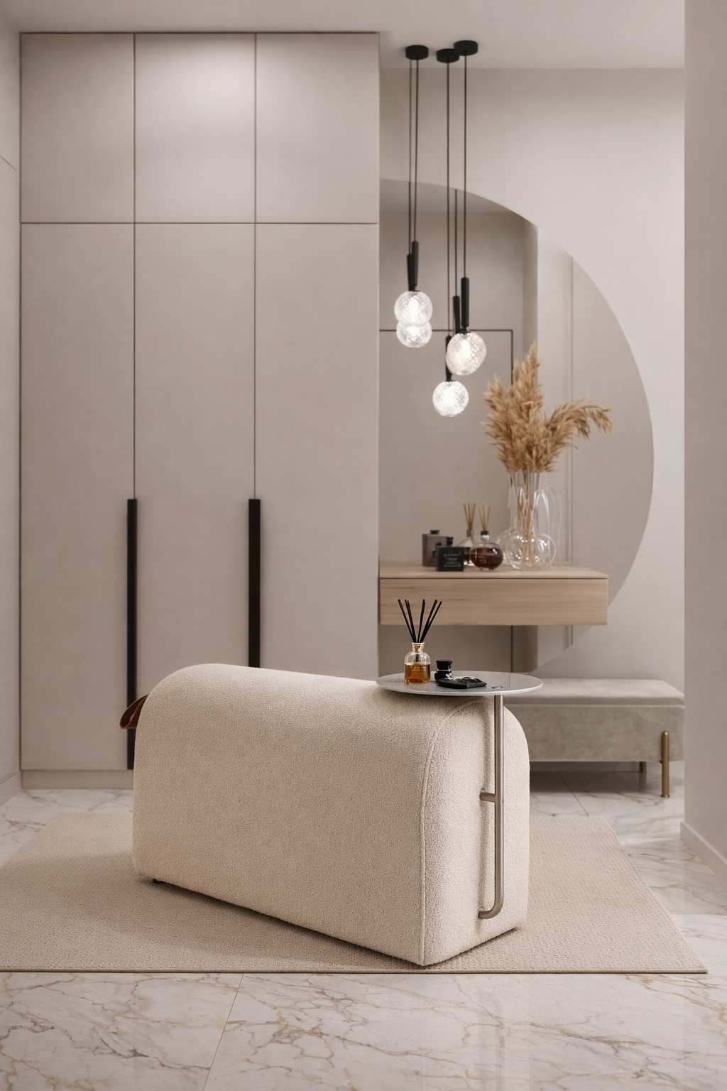 Modern interior with a beige armchair, marble floor, and minimal decor.