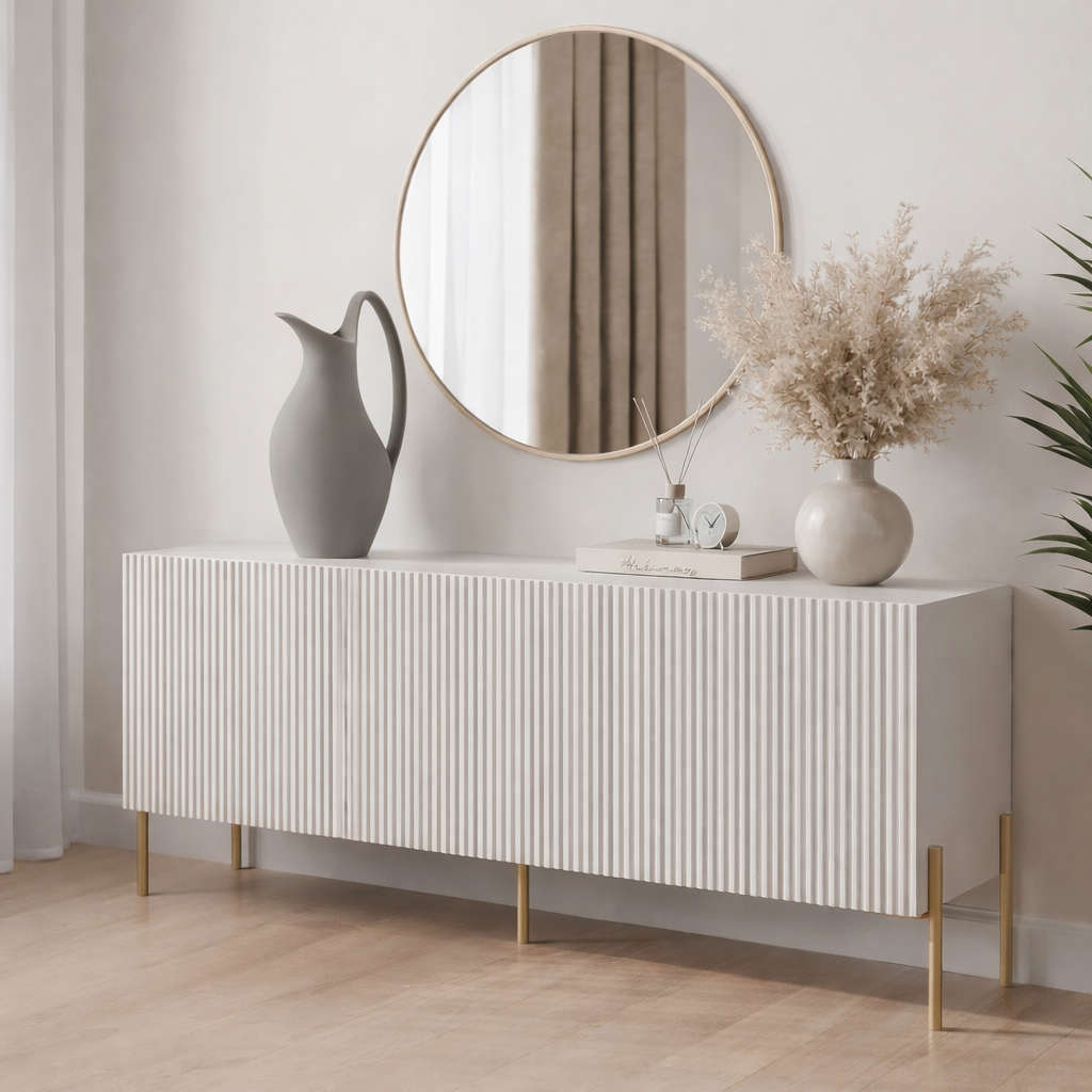 White console table with decorative items in a room setting