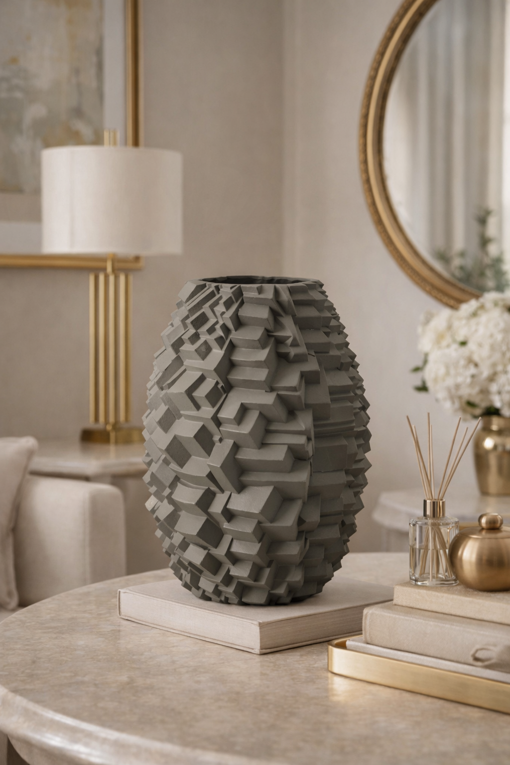 Decorative vase on a table in an elegant room with a lamp and mirror.