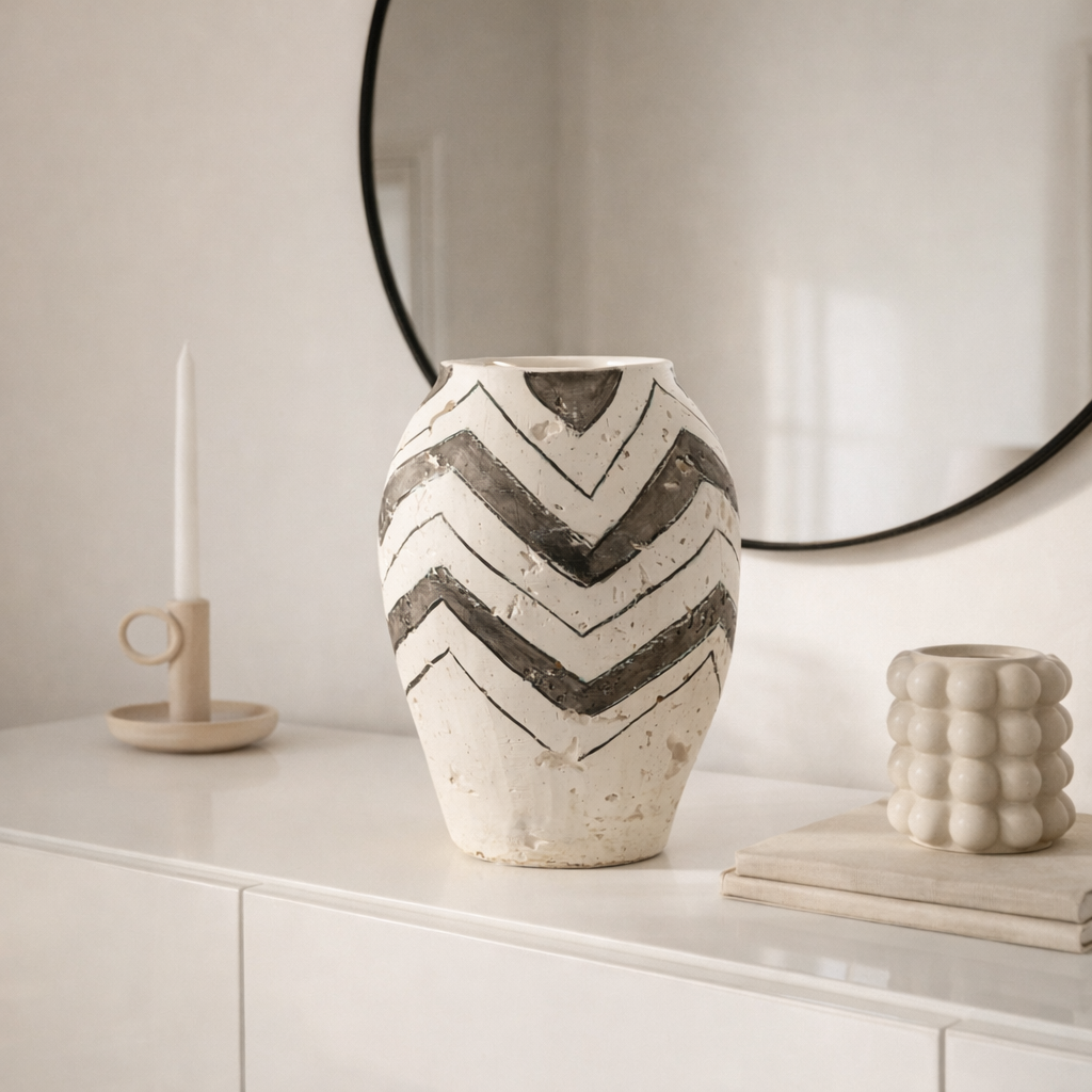 Decorative vase with chevron pattern on a white surface, with a mirror and candle in the background.