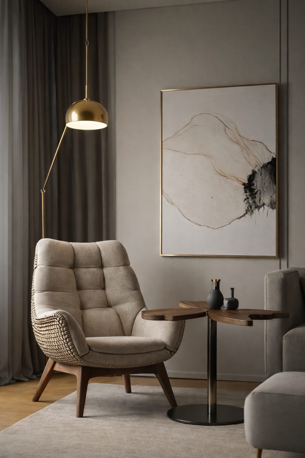 Modern living room with a beige armchair, side table, and abstract art on the wall.