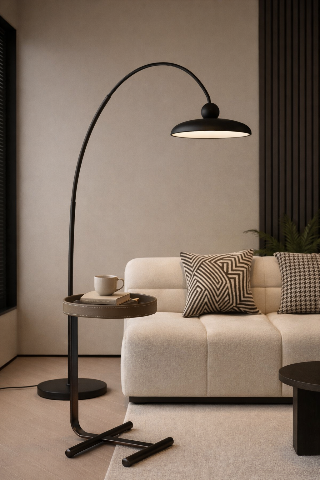 Modern living room with a floor lamp, sofa, and side table.