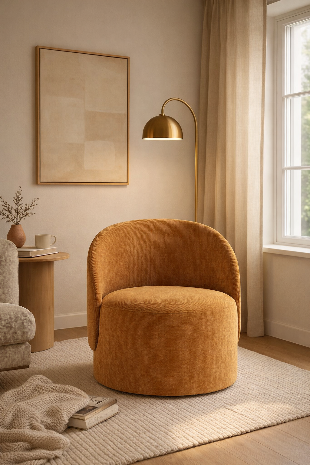 Brown chair in a cozy living room with a lamp and framed picture.