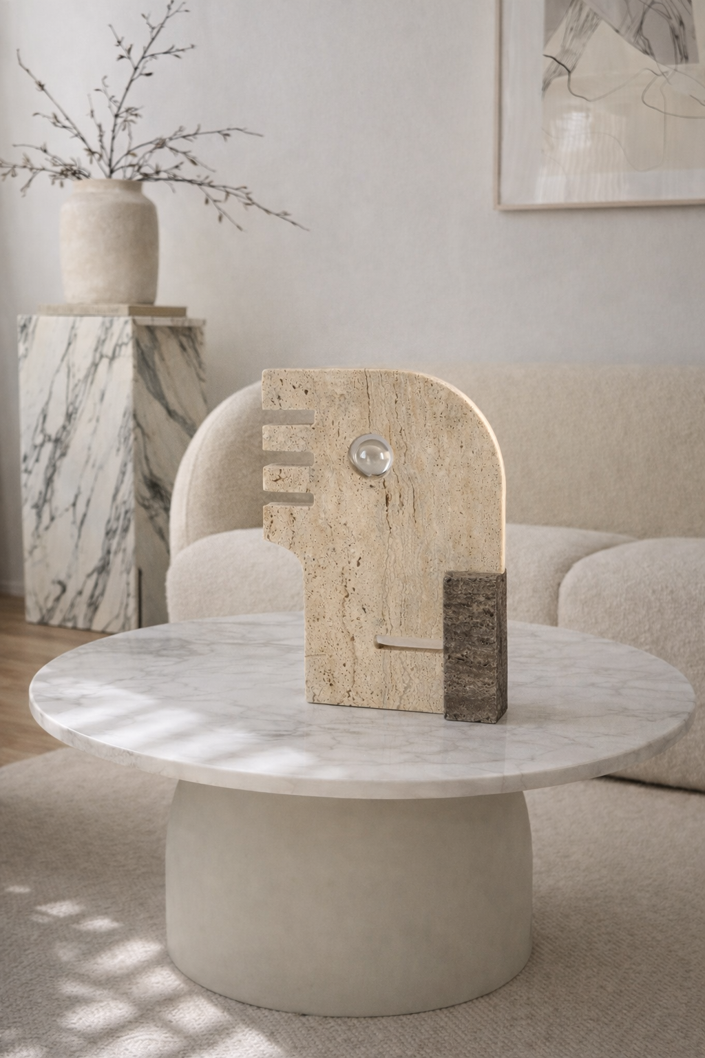 Modern coffee table with abstract sculpture in a stylish living room