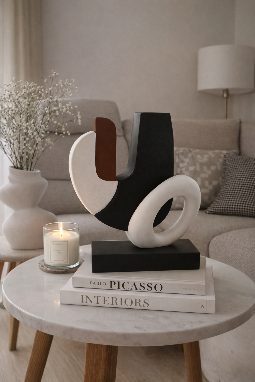 Decorative sculpture on books with a candle and vase in a living room setting