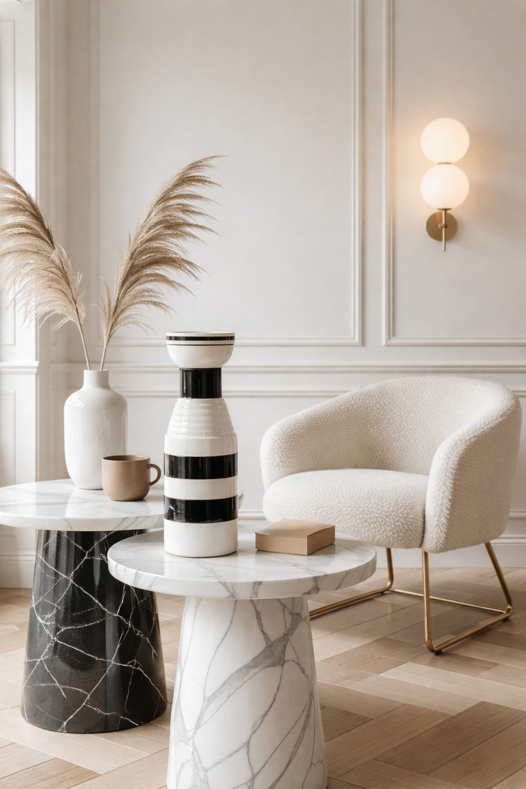Modern interior with marble table, striped vase, and armchair.