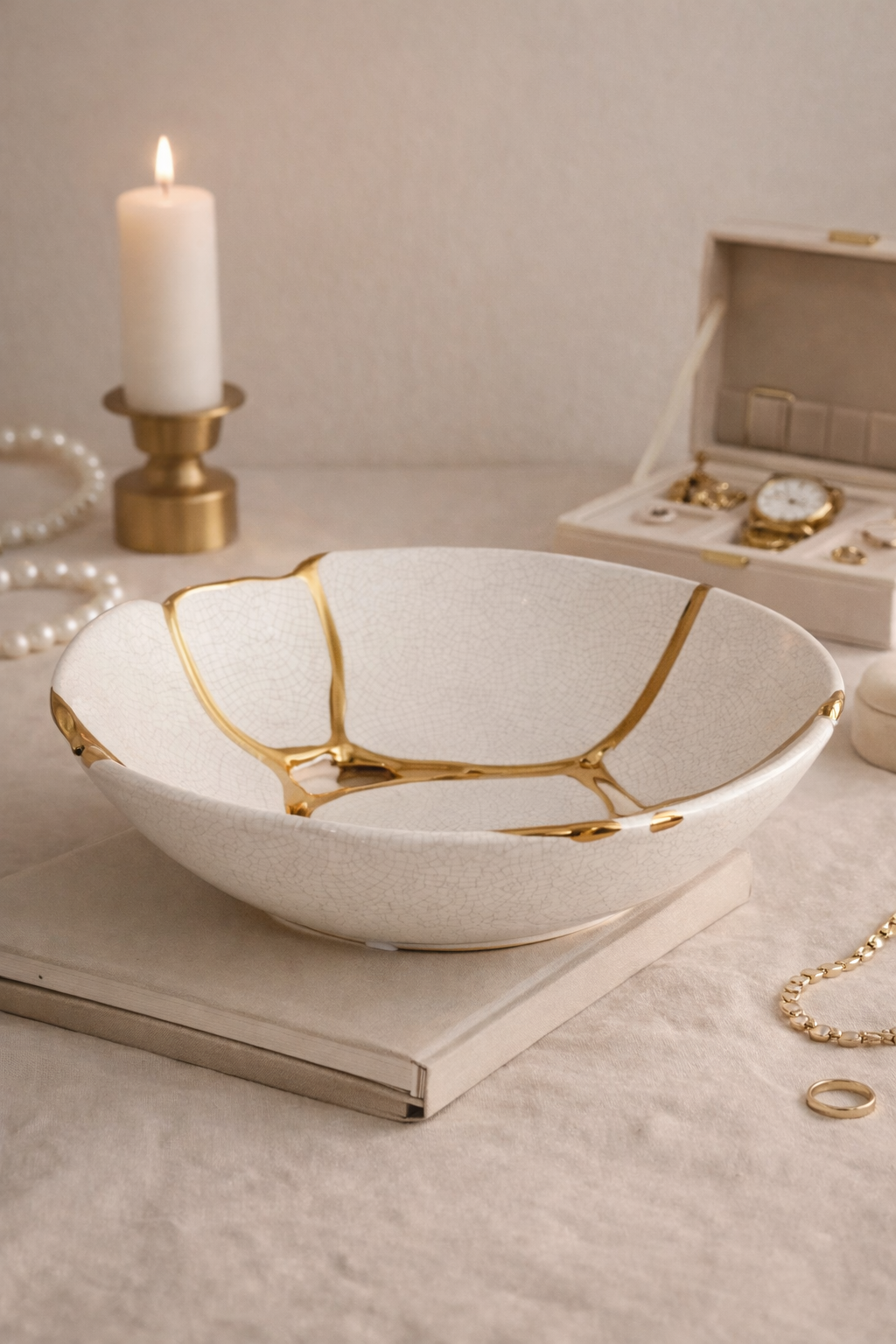 White bowl with gold accents on a surface with a candle and jewelry box in the background.