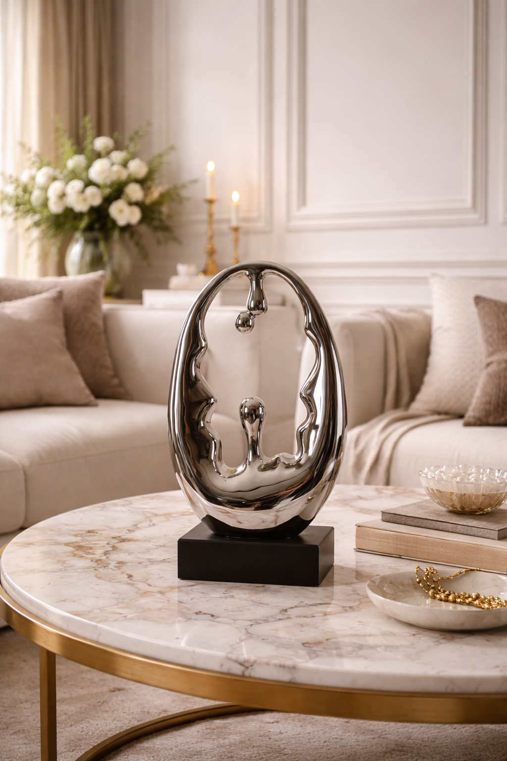 Decorative sculpture on a marble coffee table in a living room setting