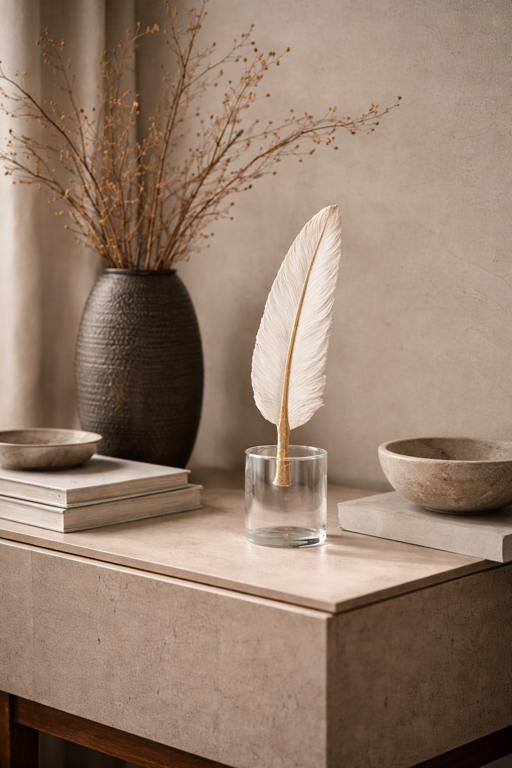 Decorative setting with a vase of dried branches, books, and a feather in a glass on a stone surface.