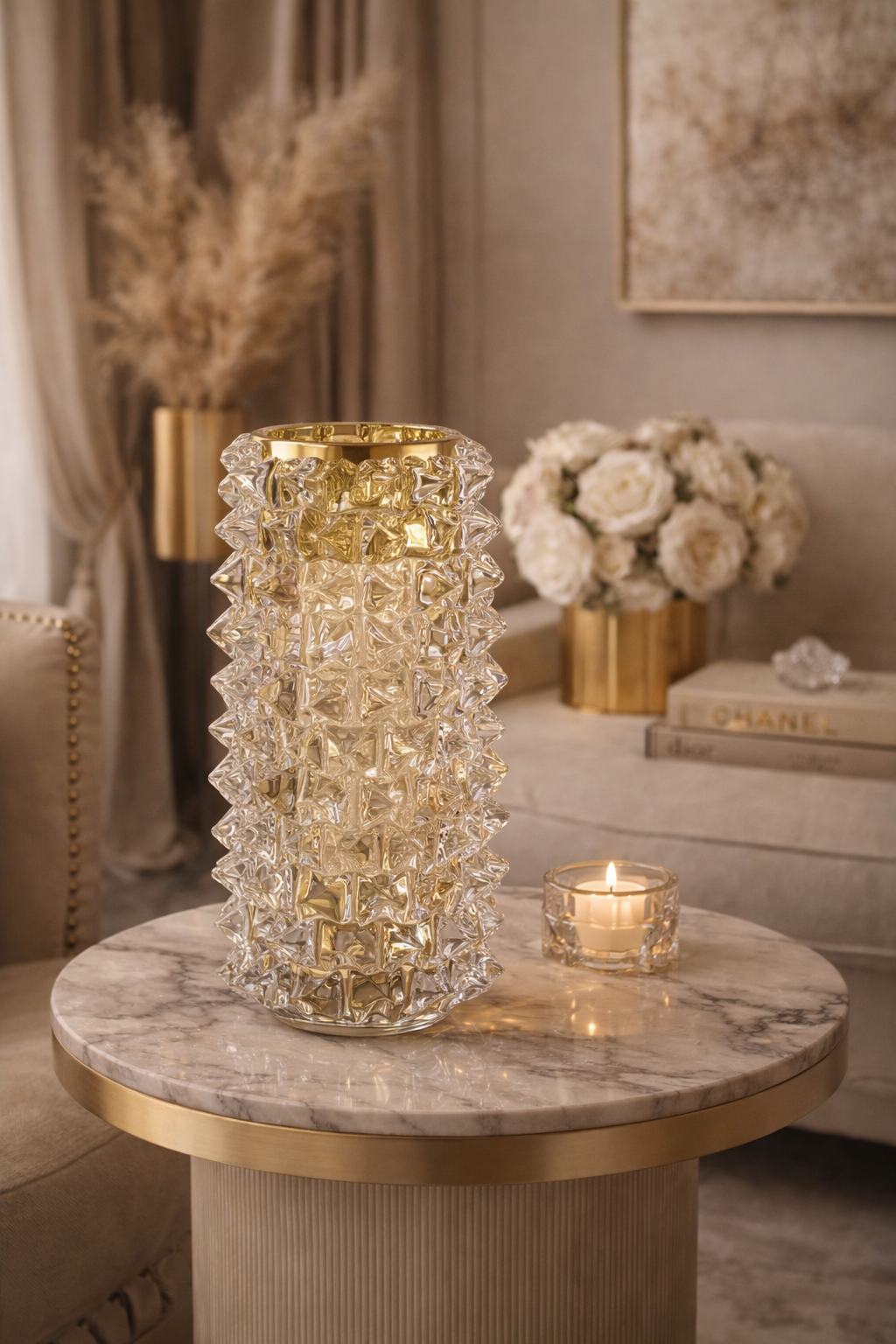 Decorative crystal vase on a marble table with a candle and flowers in the background
