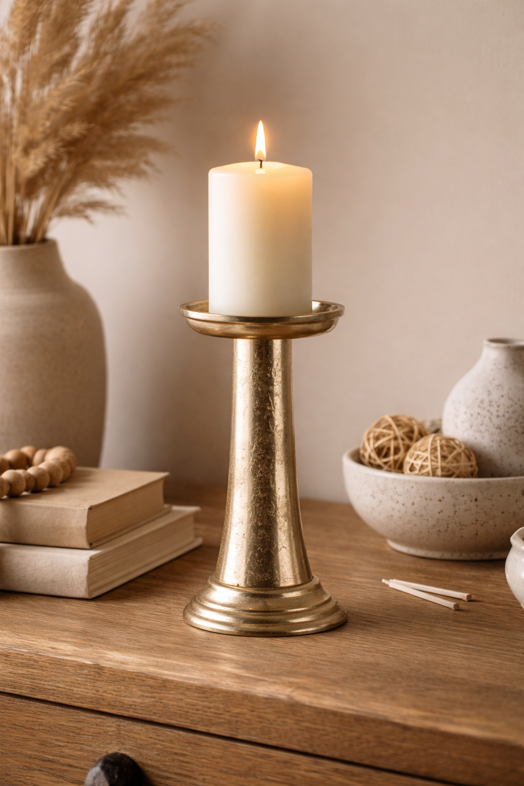 Candle in a gold holder on a wooden surface with decorative items.