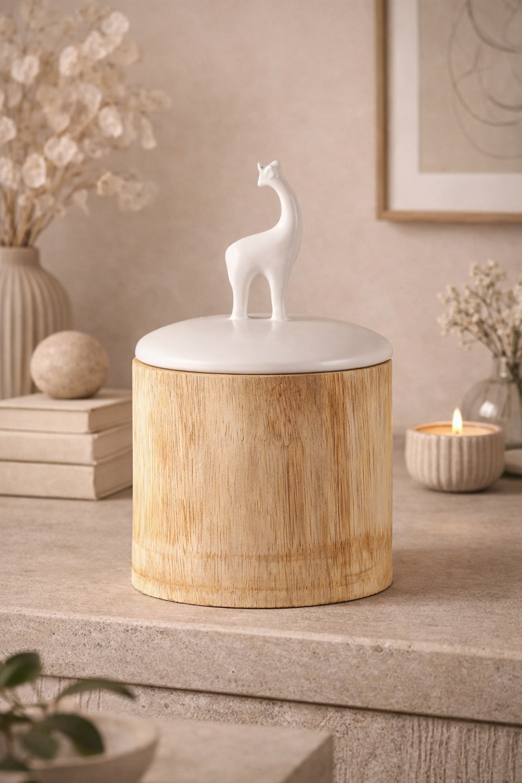 Decorative container with a white lid featuring a giraffe figurine on a wooden surface.