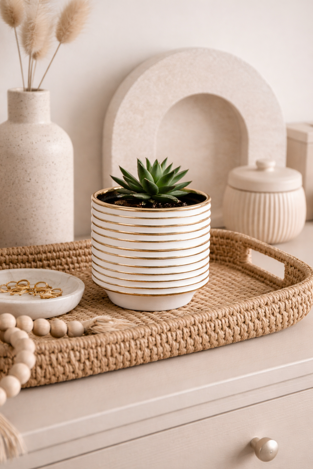 Decorative setting with a potted plant on a woven tray, ceramic jars, and a white arch in the background.