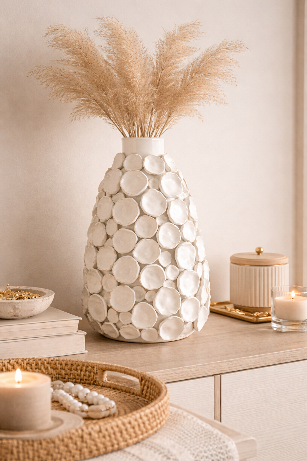 Decorative vase with circular patterns on a table with candles and a bowl.