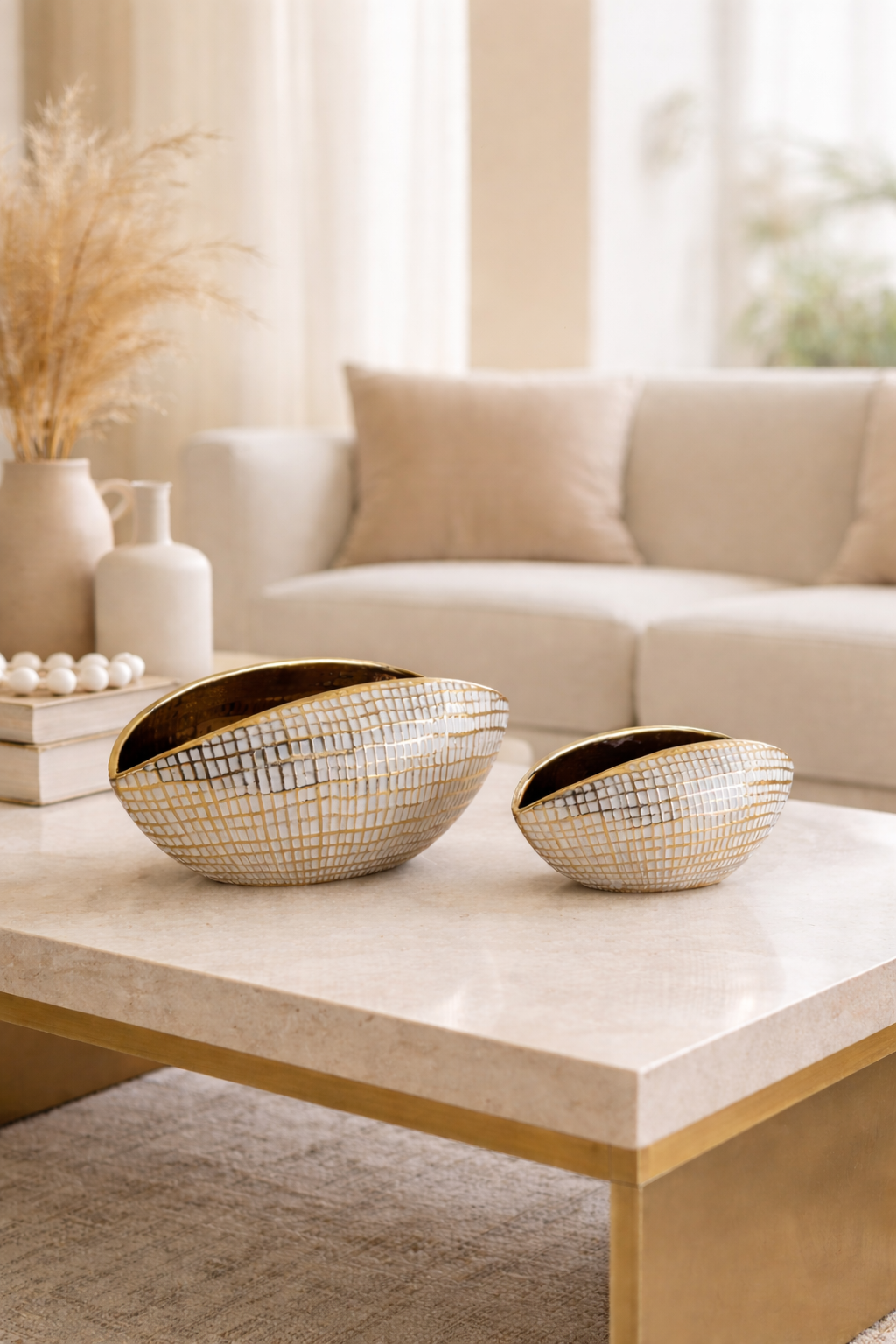 Decorative bowls on a coffee table in a living room setting