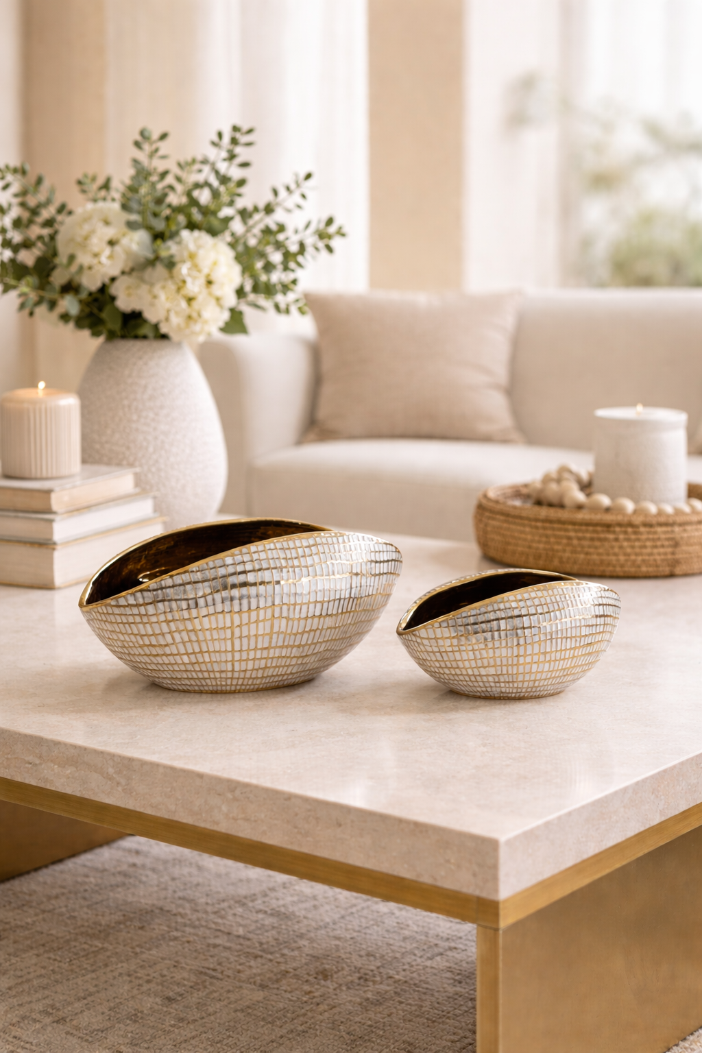 Decorative bowls on a coffee table with a living room background