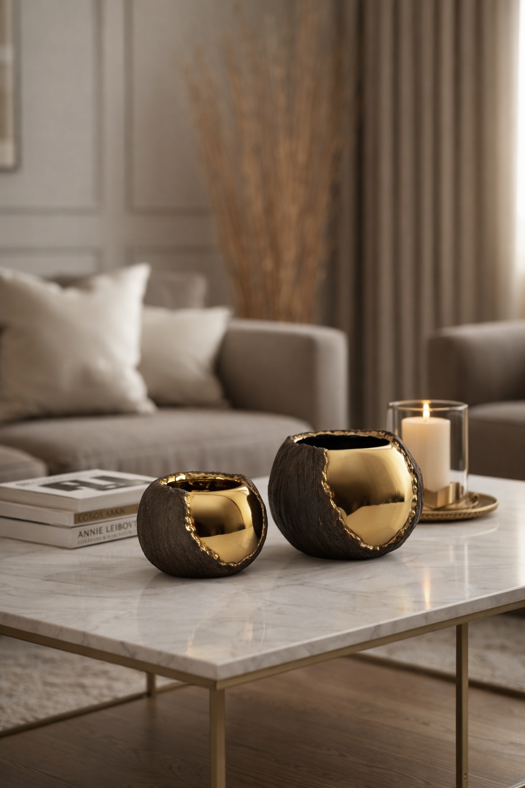 Two gold-colored ceramic pots on a marble coffee table with a blurred living room background.