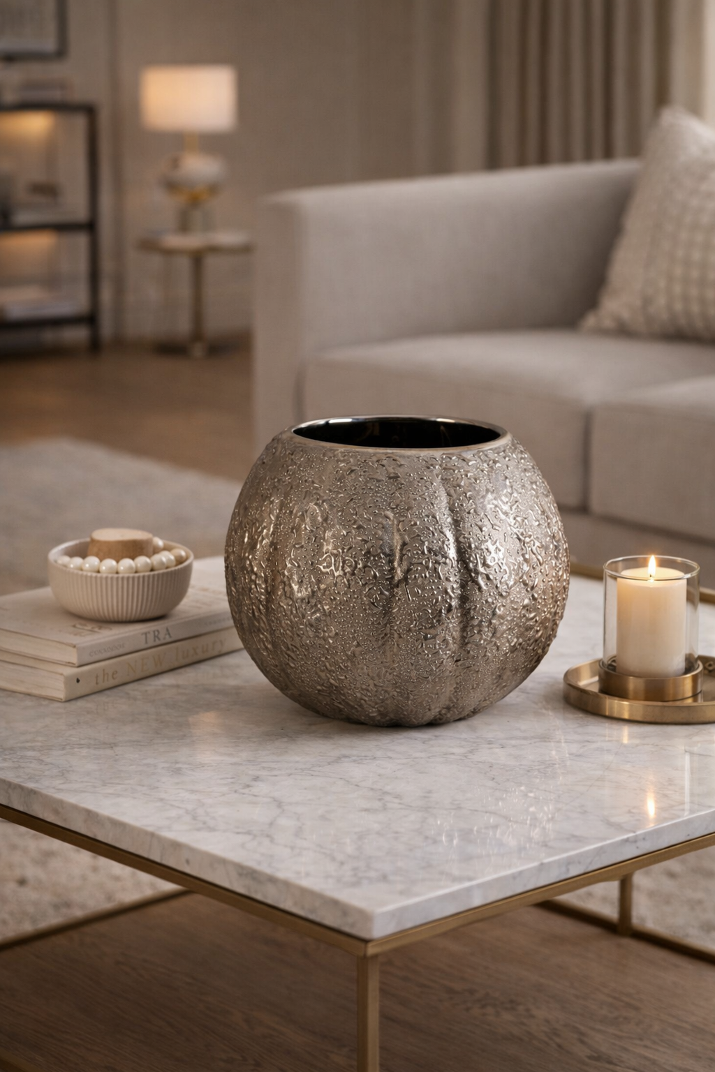 Decorative metallic vase on a coffee table with a blurred living room background