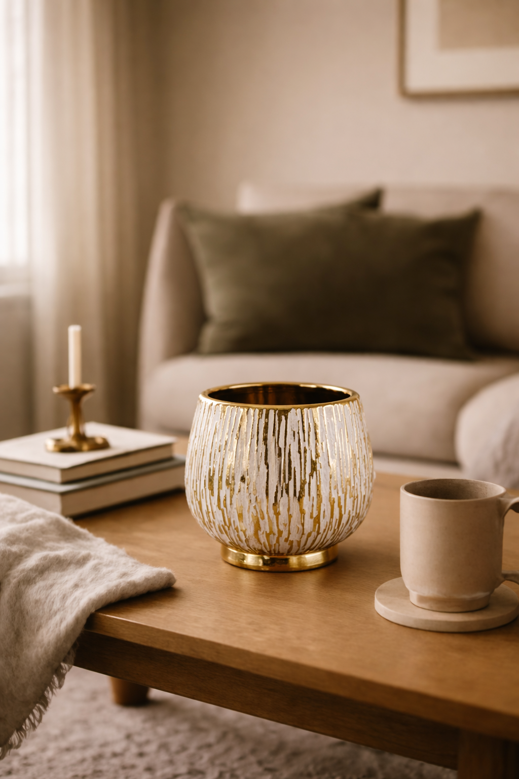 Cozy living room with a coffee table featuring a decorative candle holder and mug.