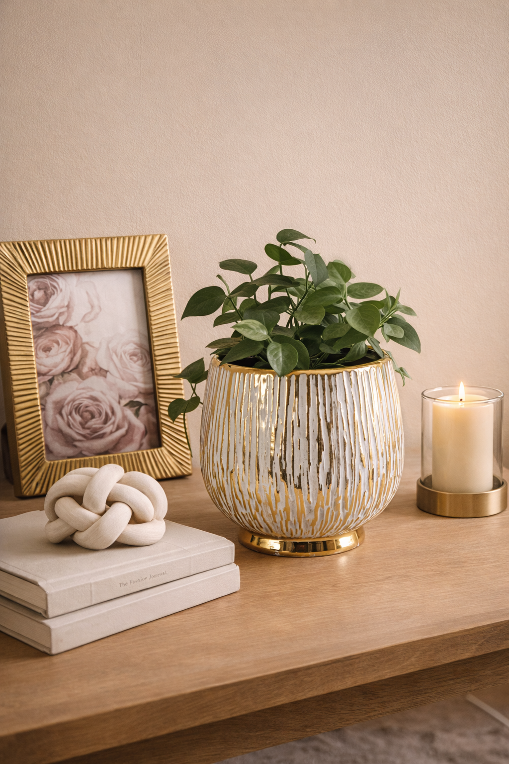 Decorative items on a wooden surface including a plant, books, a candle, and a photo frame.