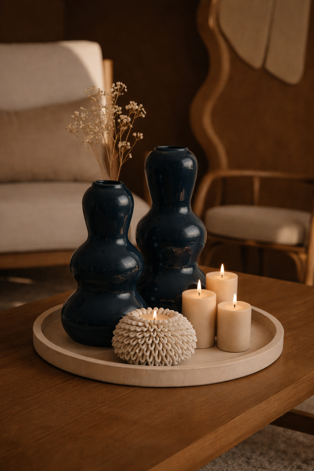 Decorative arrangement with dark blue vases, candles, and a textured object on a wooden table.