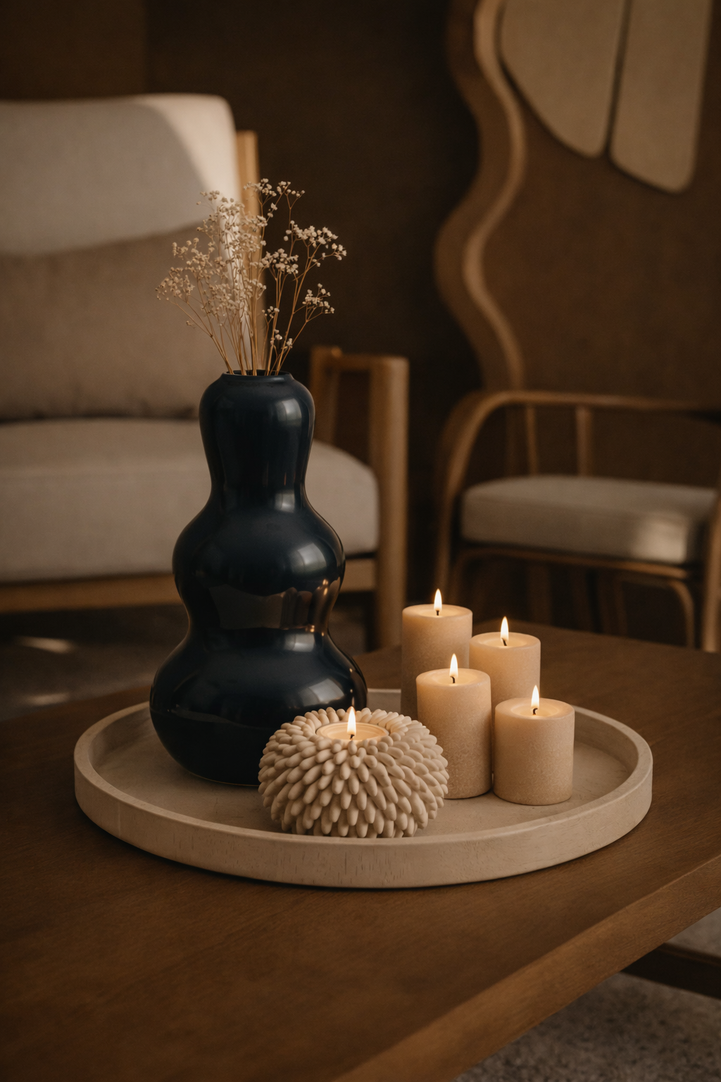 Decorative setup with candles and a vase on a table in a cozy room.