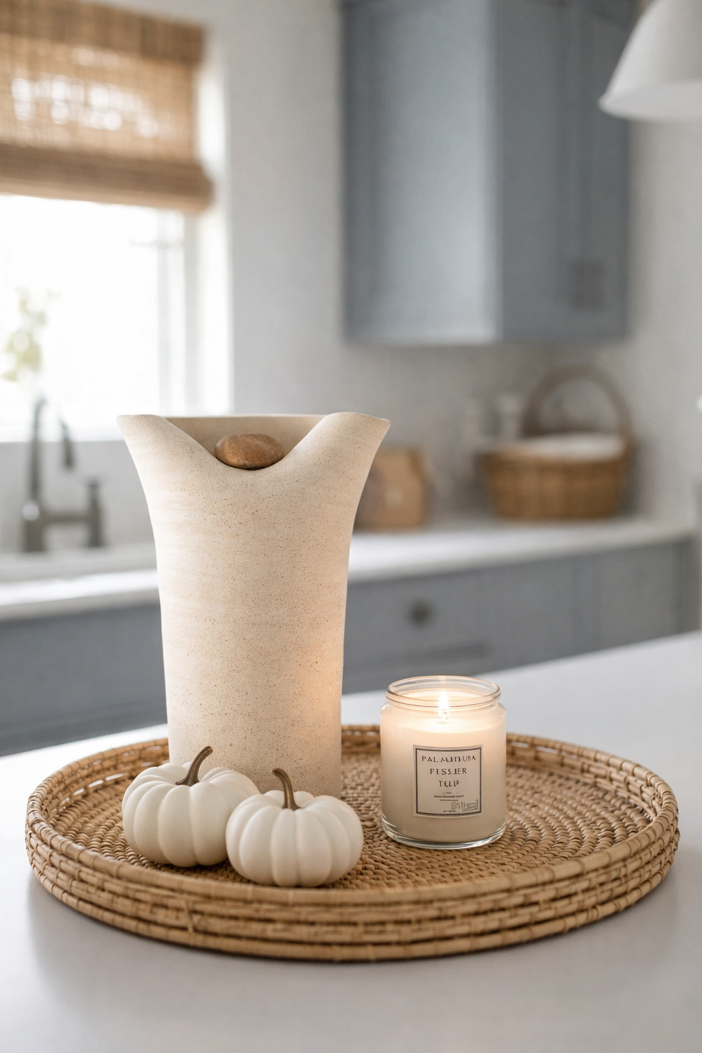 Decorative setup with a vase, candles, and pumpkins on a kitchen counter.