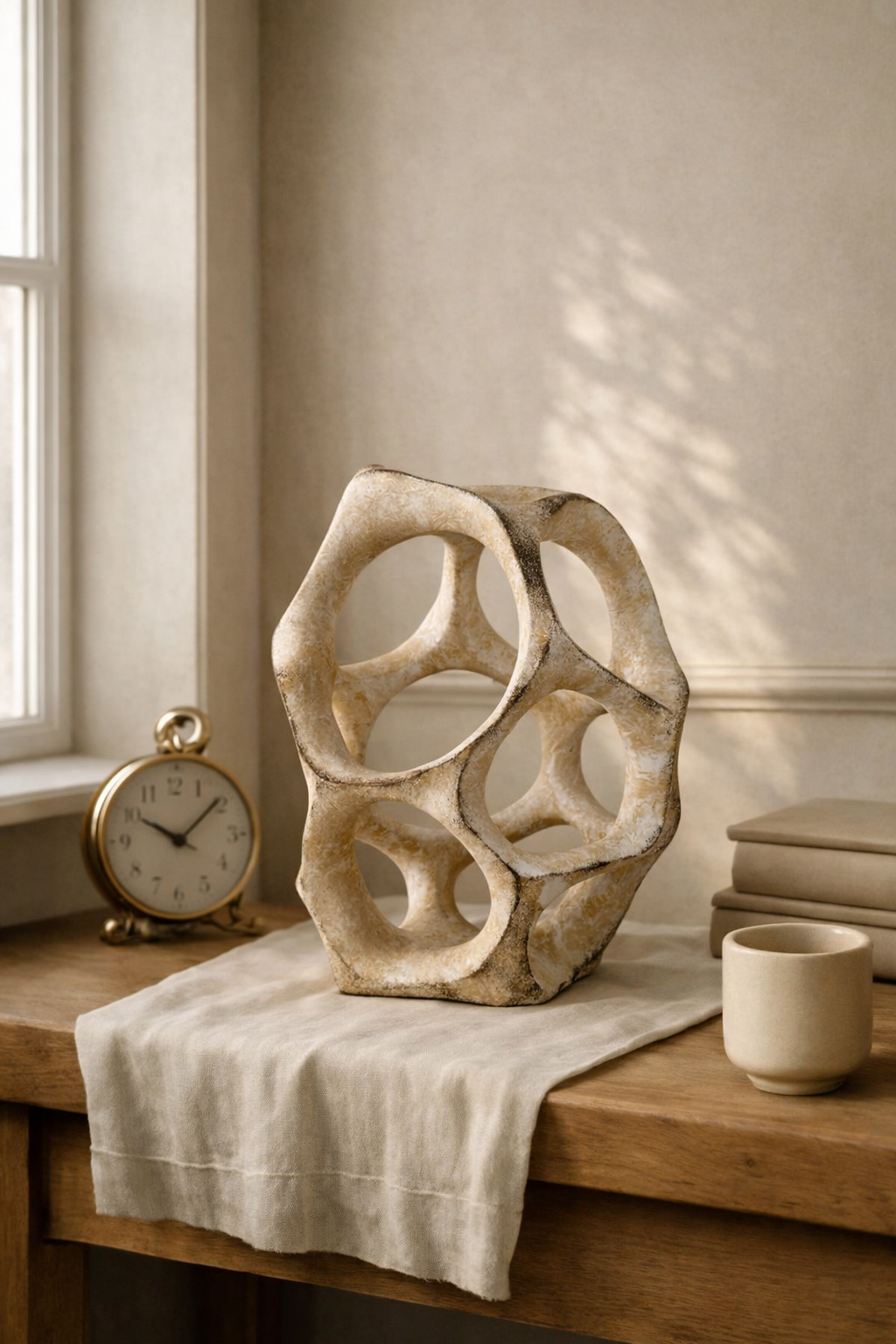 Decorative stone sculpture on a wooden surface with a clock and cup in a softly lit room.