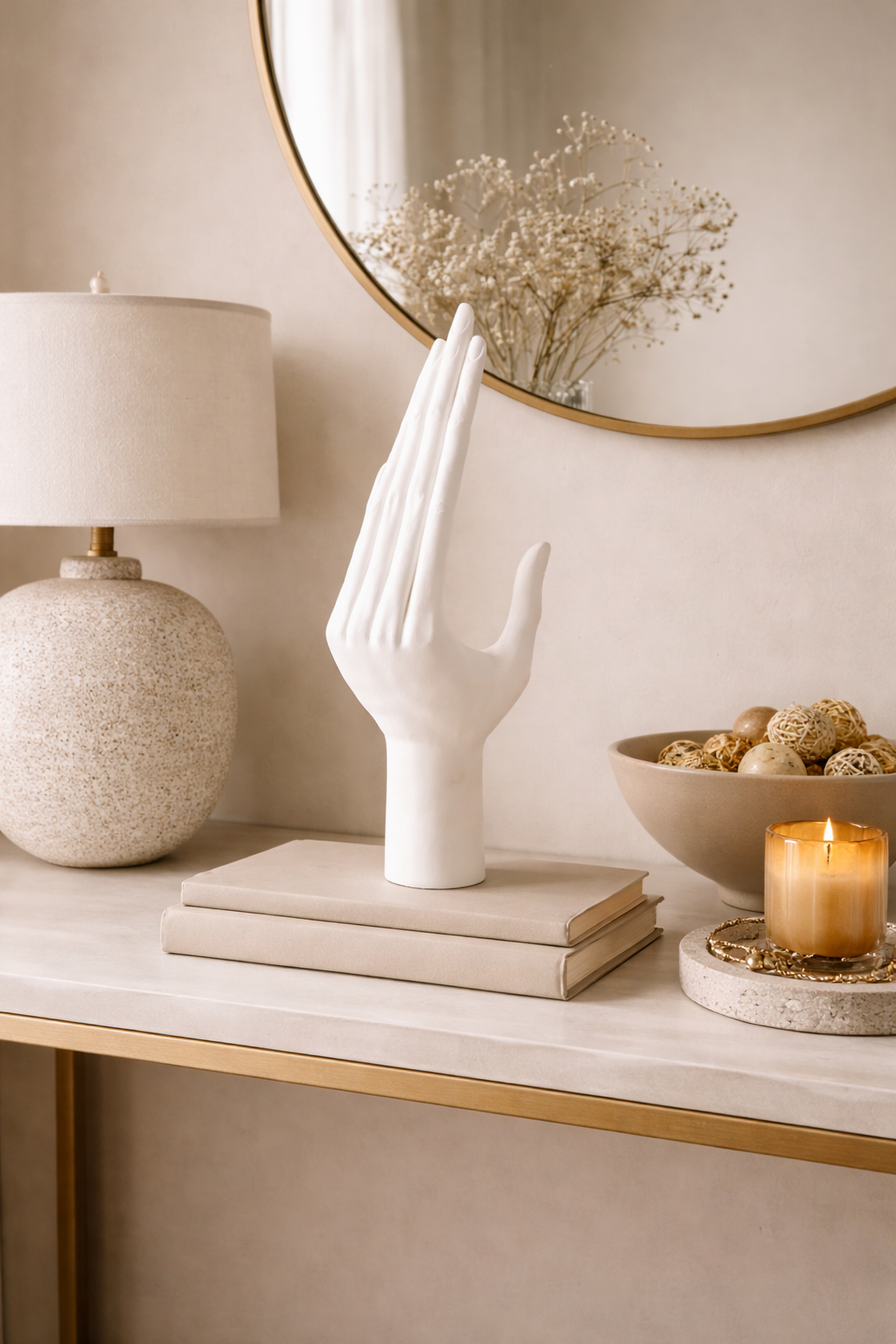 Decorative hand sculpture on a shelf with a lamp, books, and candle.
