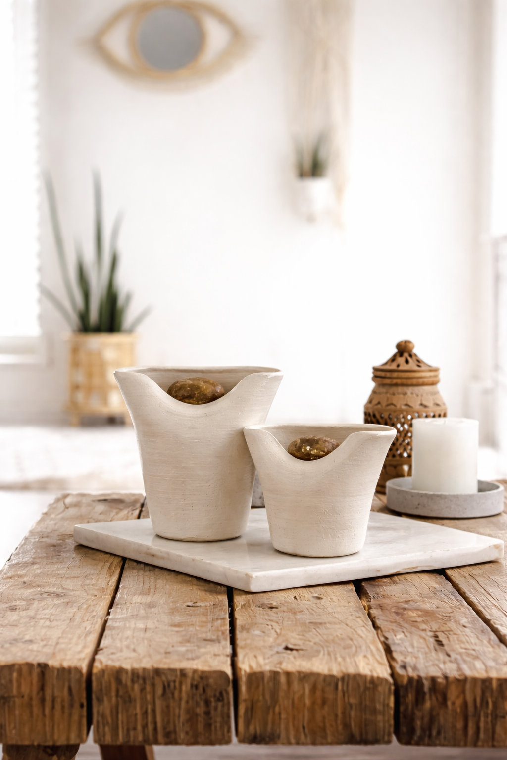 Two white ceramic pots on a wooden surface with a blurred background