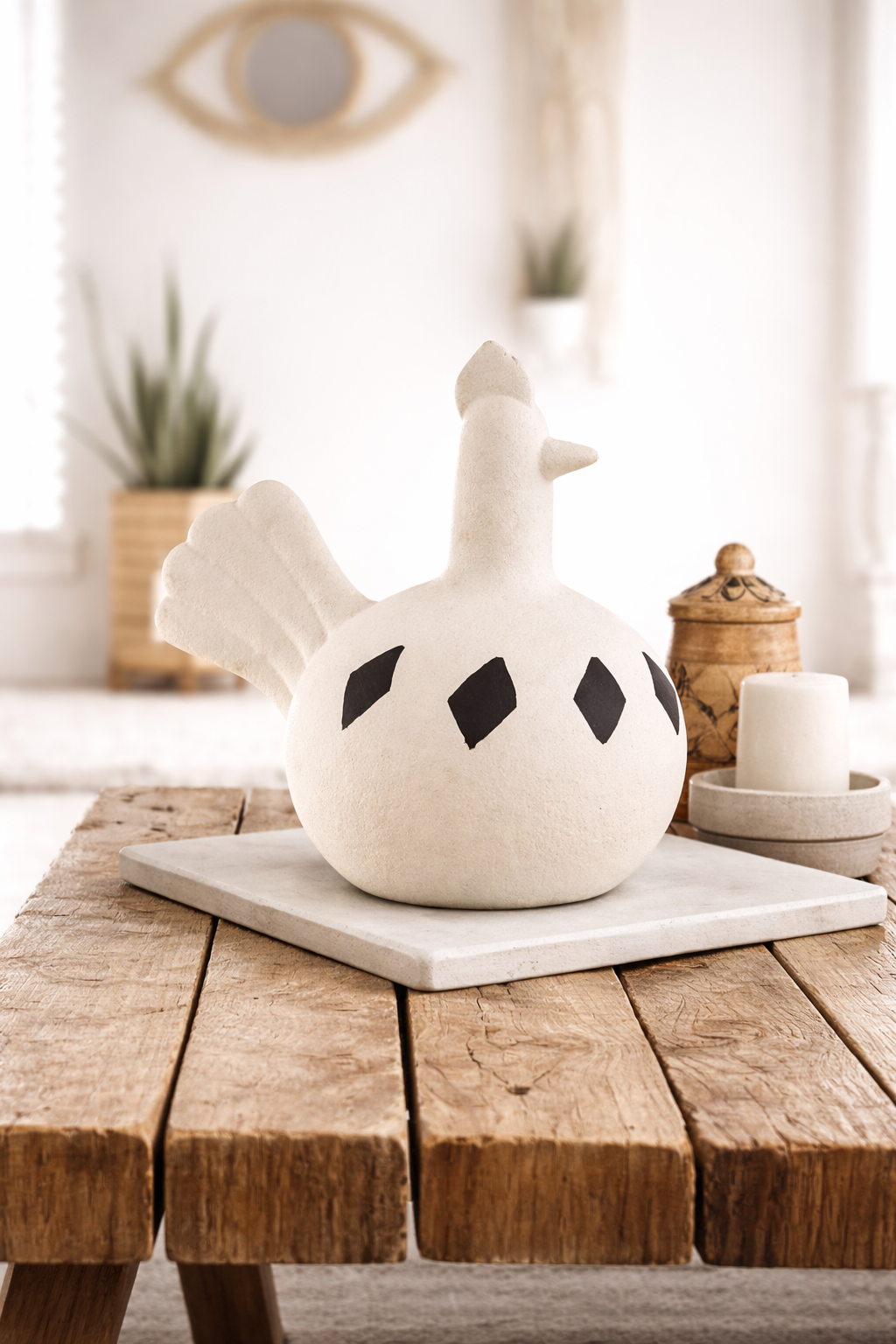 White ceramic teapot with black spots on a wooden table