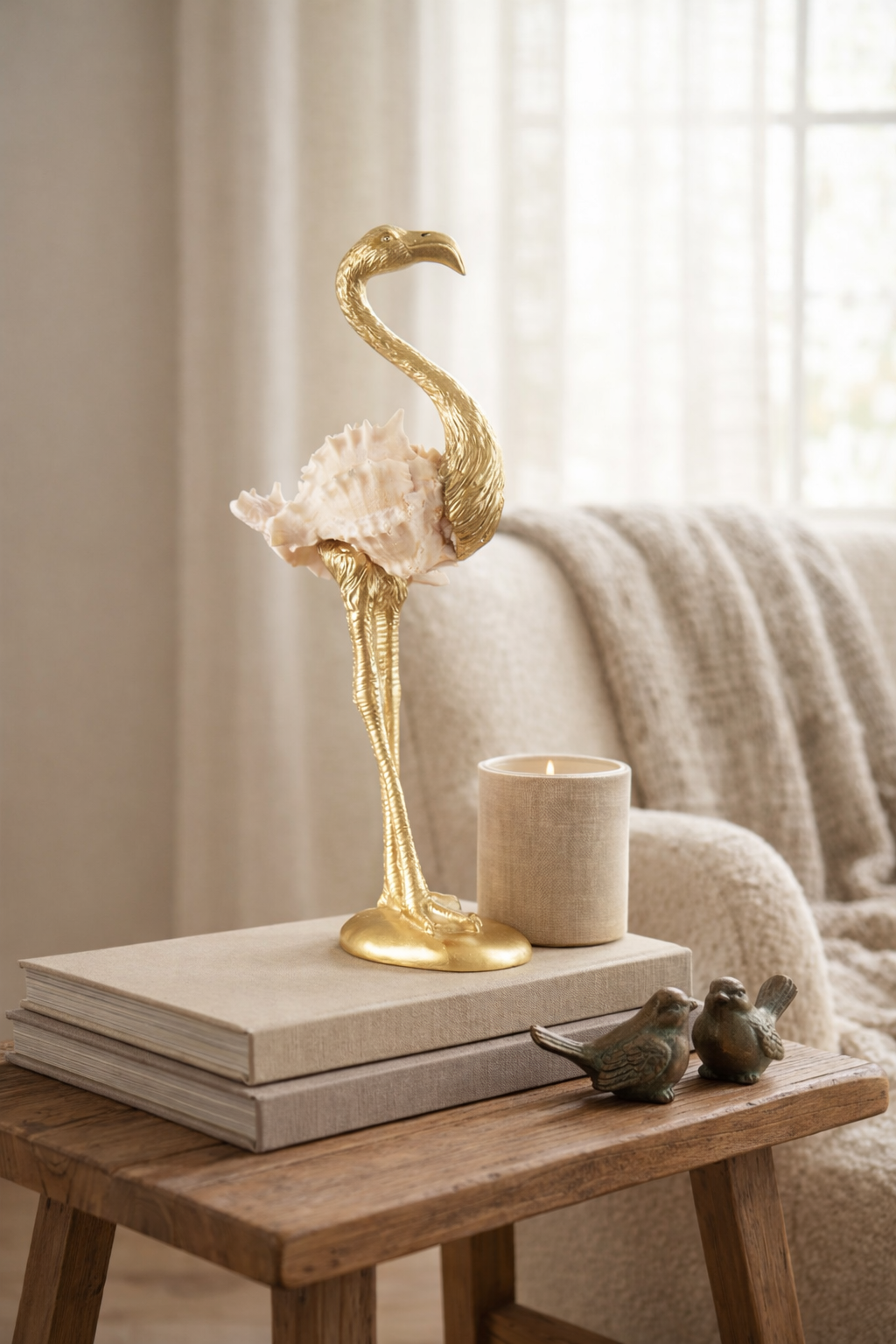 Decorative flamingo figurine on books with a candle and birds on a wooden table.