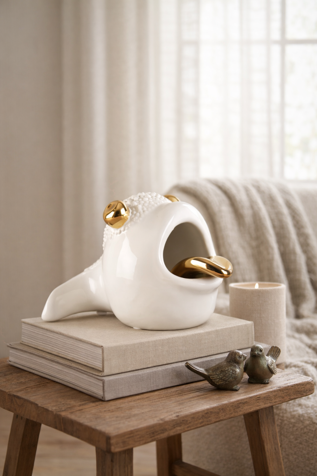 Decorative white and gold bird sculpture on books with a candle and small birds on a wooden table.