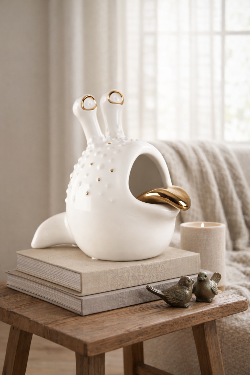 White ceramic birdhouse with gold accents on a wooden table
