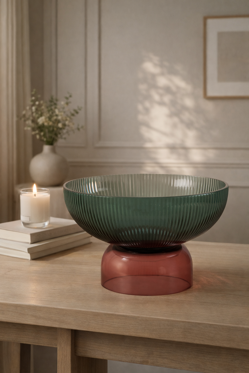 Decorative glass bowl on a wooden table with a candle and books in a softly lit room.