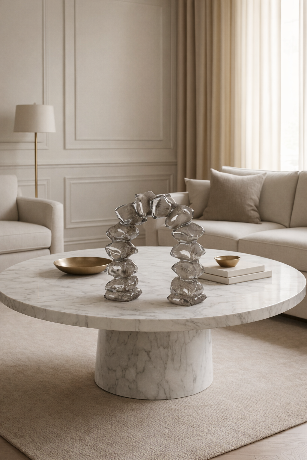 Living room with a marble coffee table, decorative items, and a sofa.