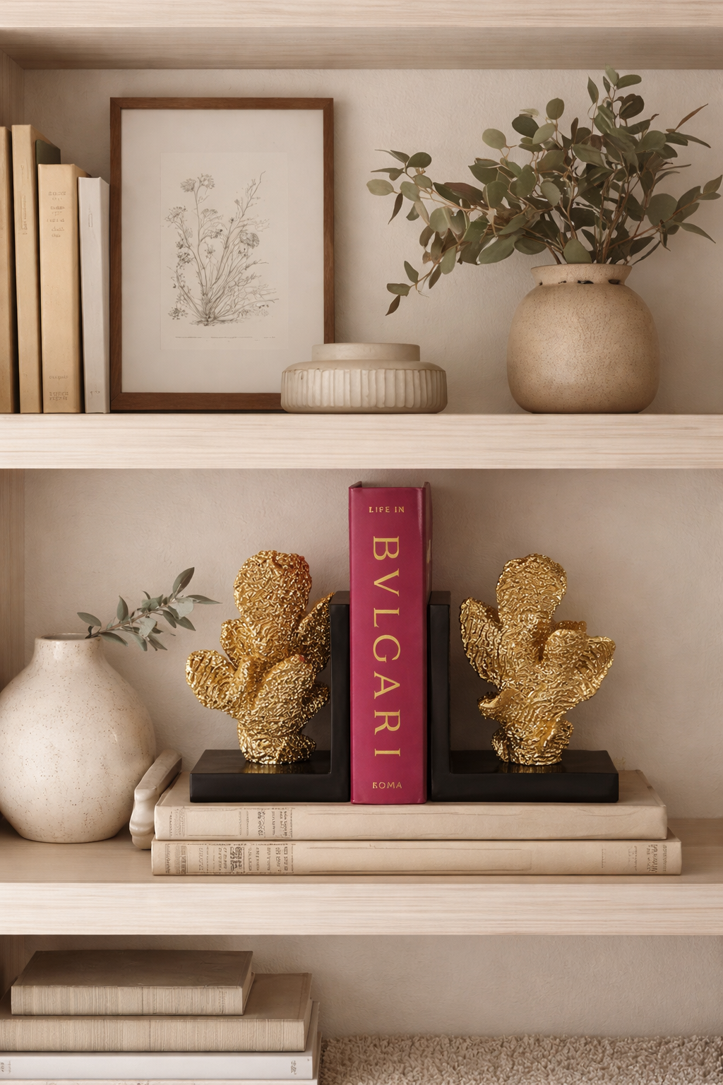 Decorative shelf with gold cactus sculptures, a pink Bulgari book, and a plant on a neutral background