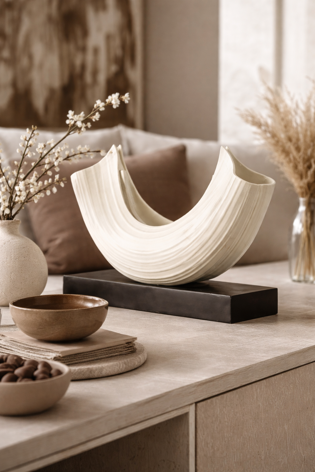 Decorative setting with a white ceramic bowl, brown bowls, and vases on a table.