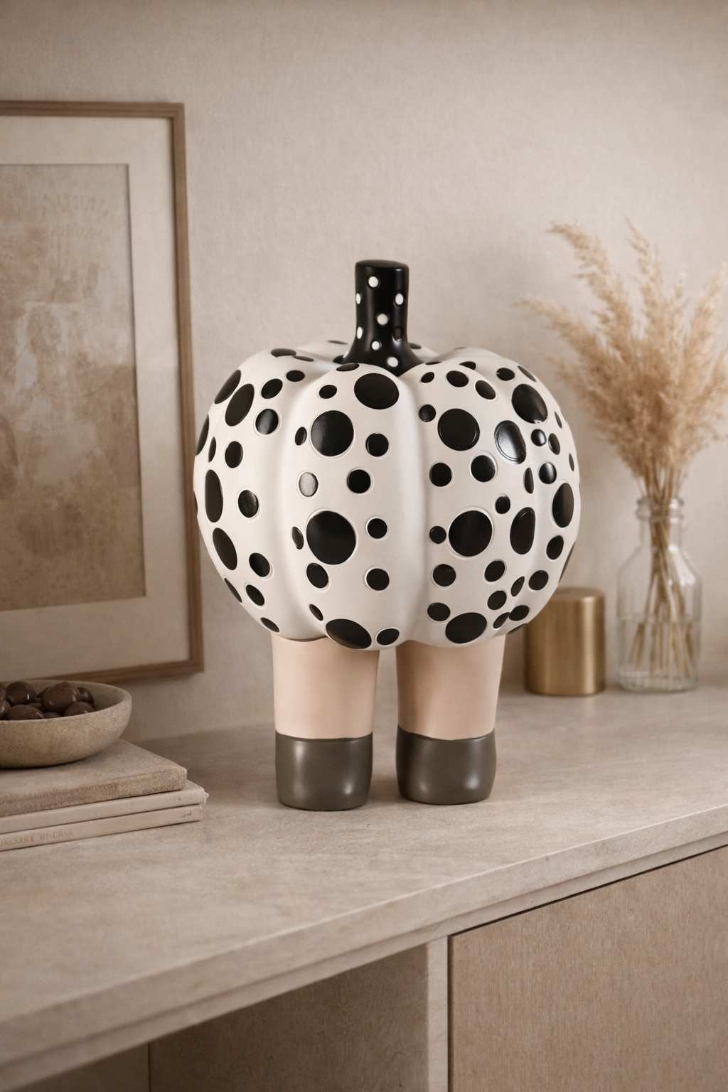 Decorative pumpkin with black and white polka dot pattern on a wooden surface.
