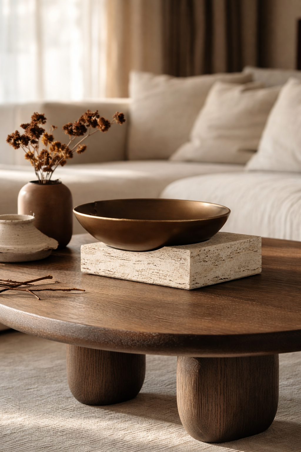 Wooden coffee table with decorative items in a living room setting