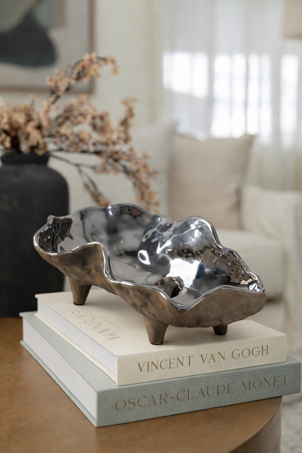 Decorative shell on top of books with a blurred background